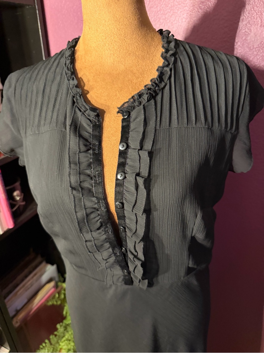 Style & Co. Black Ruffled Pintuck Button-Front Dress- Whimsigoth, dark academia